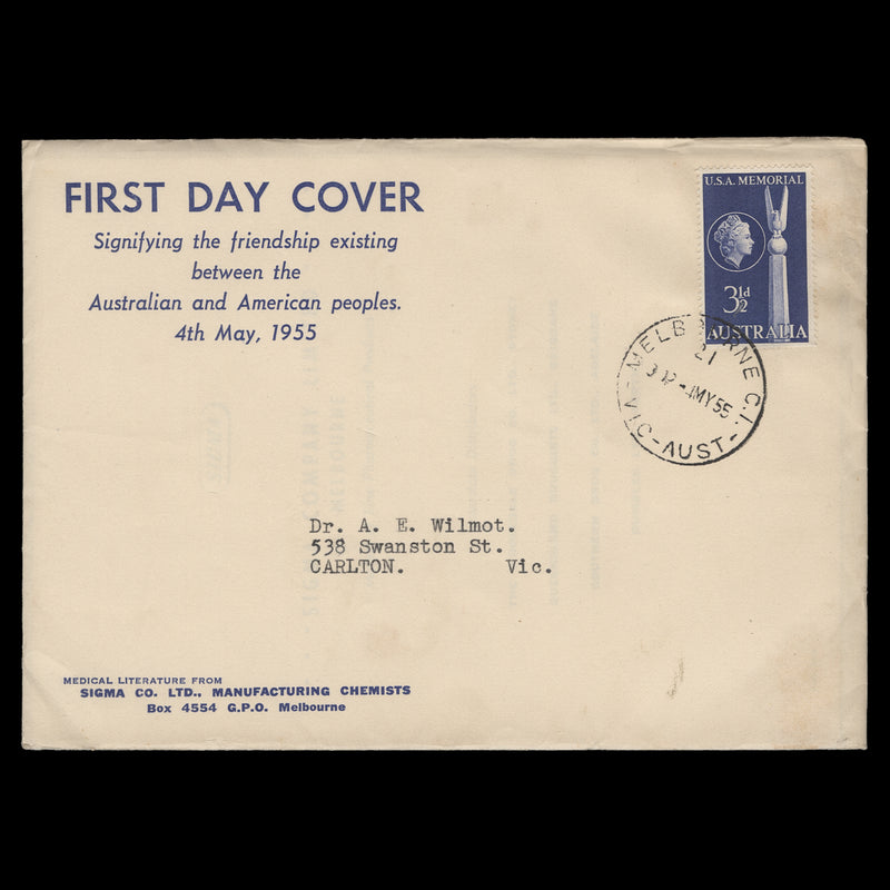 Australia 1955 (FDC) 3½d Australian-American Friendship, MELBOURNE