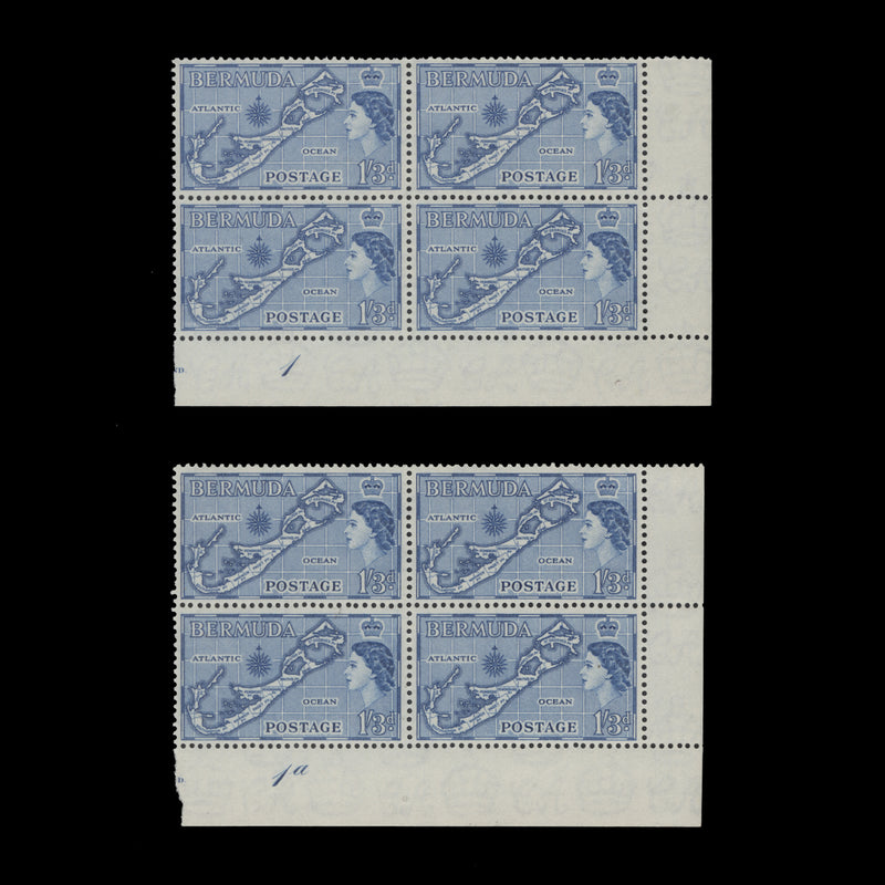 Bermuda 1957 (MNH) 1s3d Map plate blocks, die II, blue shade