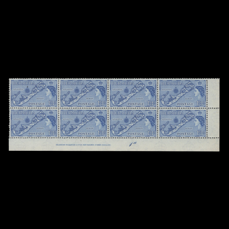 Bermuda 1957 (MNH) 1s3d Map imprint/plate 1a block, die II, blue shade