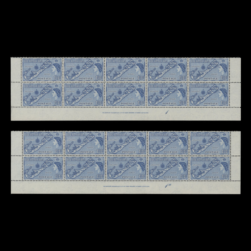 Bermuda 1957 (MNH) 1s3d Map imprint/plate blocks, die II, blue shade