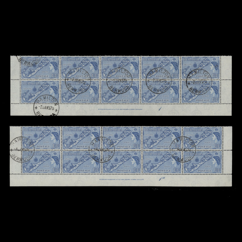 Bermuda 1957 (Used) 1s3d Map imprint/plate blocks, die II, blue shade