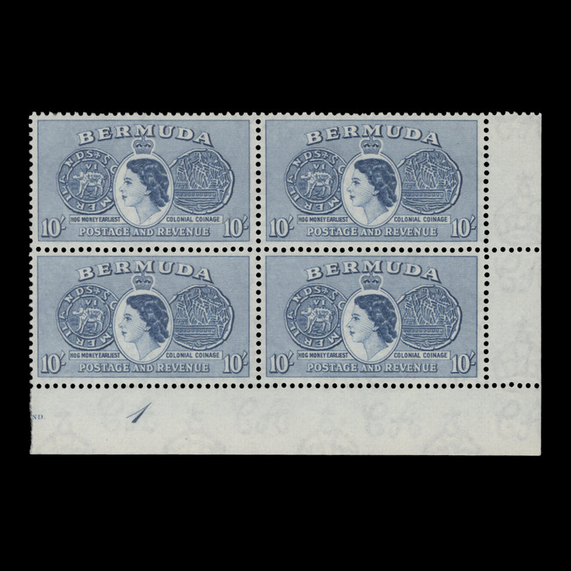 Bermuda 1957 (MNH) 10s Tog Coin plate 1 block in ultramarine