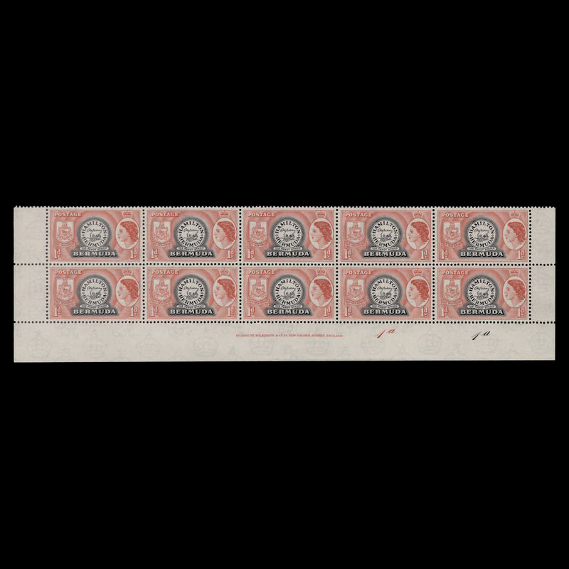 Bermuda 1958 (MNH) 1d Postmaster Perot's Stamp imprint/plate 1a–1a block
