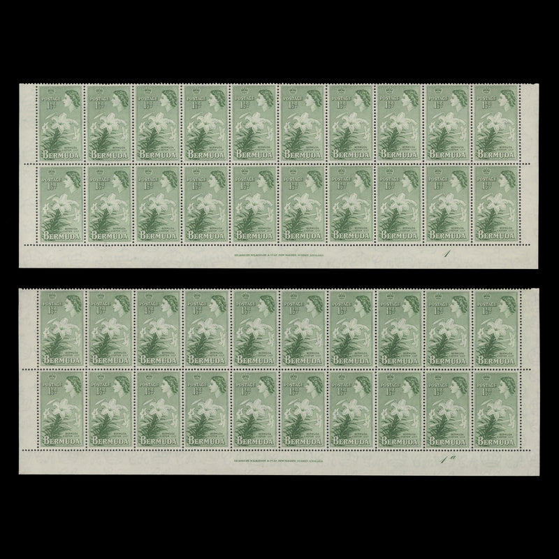 Bermuda 1958 (MLH) 1½d Easter Lily imprint/plate blocks