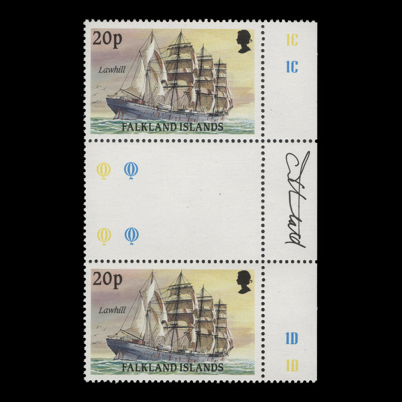 Falkland Islands 1989 (MNH) 20p Lawhill gutter pair signed by Tony Theobald