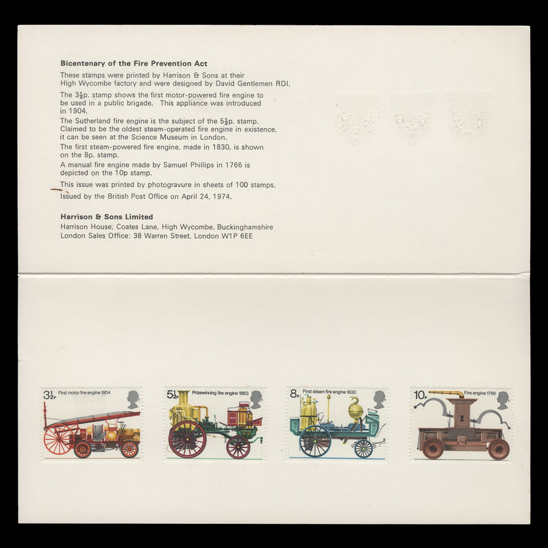Great Britain 1974 Fire Engines presentation folder