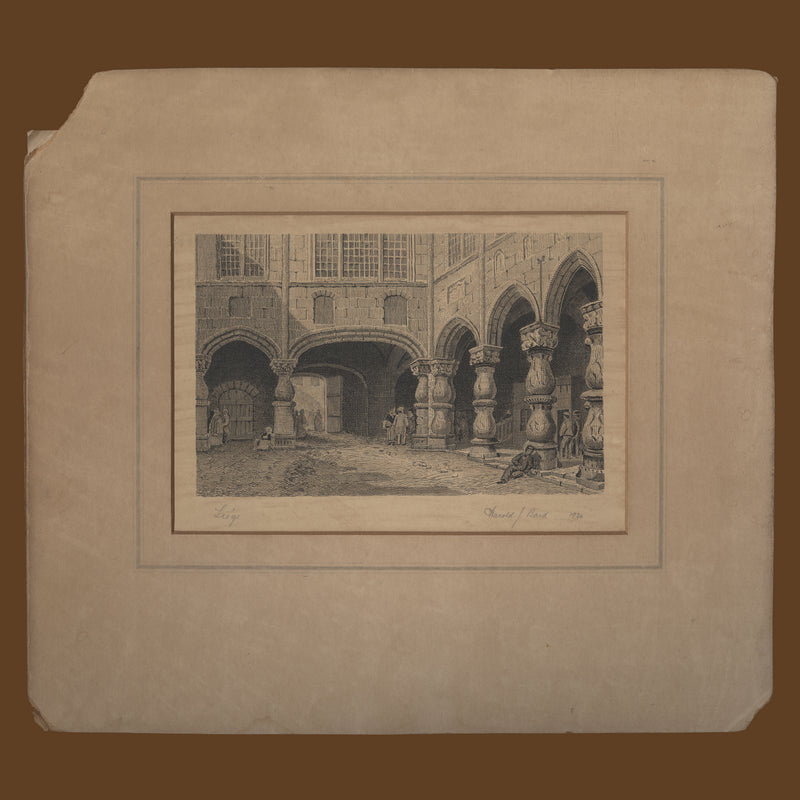 Courtyard of the Archbishop's Palace, Liège ink drawing by Harold J Bard