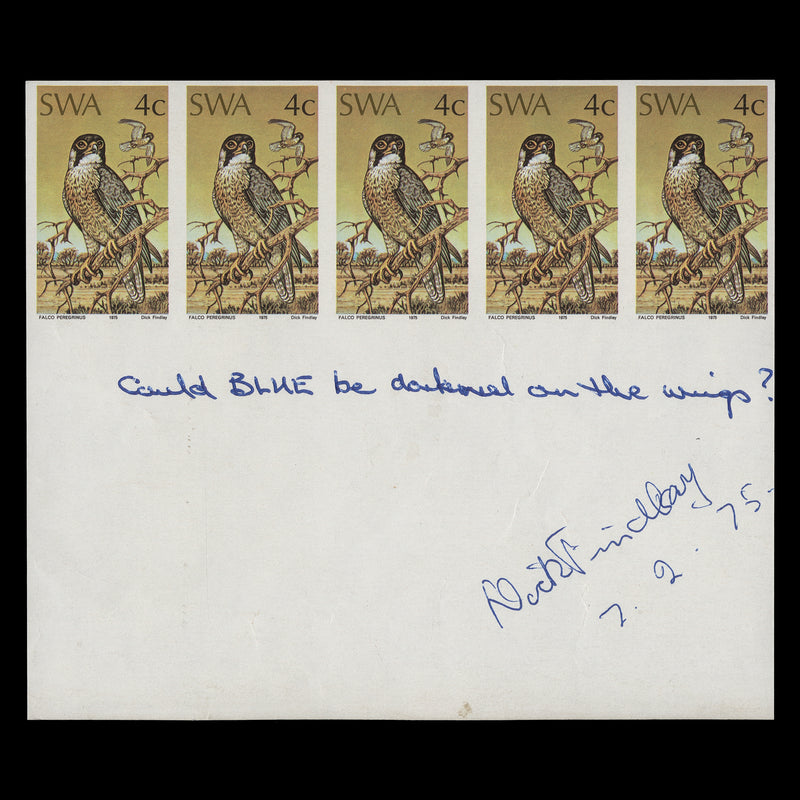 South West Africa 1975 Peregrine Falcon imperf proof strip signed by designer