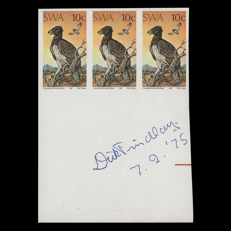 South West Africa 1975 Martial Eagle imperf proof strip signed by Dick Findlay