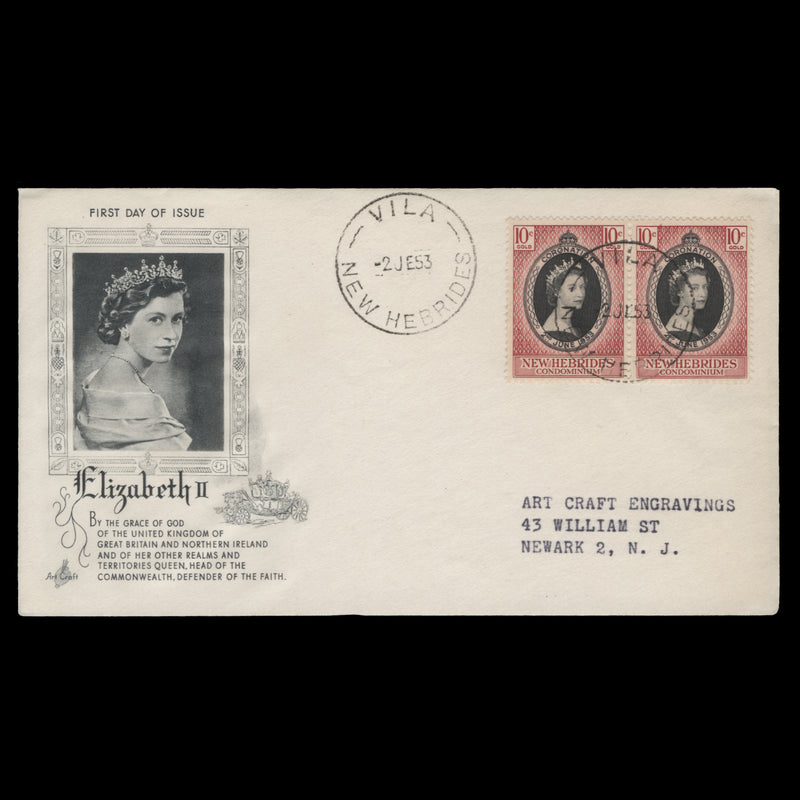 New Hebrides 1953 (FDC) 10c Coronation pair, VILA