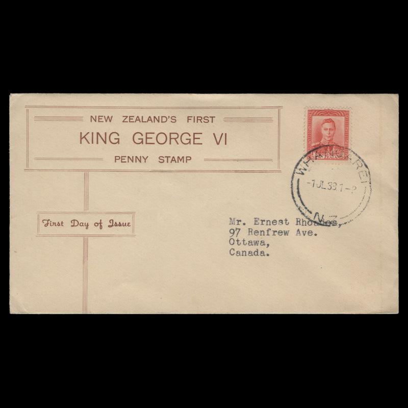 New Zealand 1938 (FDC) 1d King George VI definitive, WHANGAREI