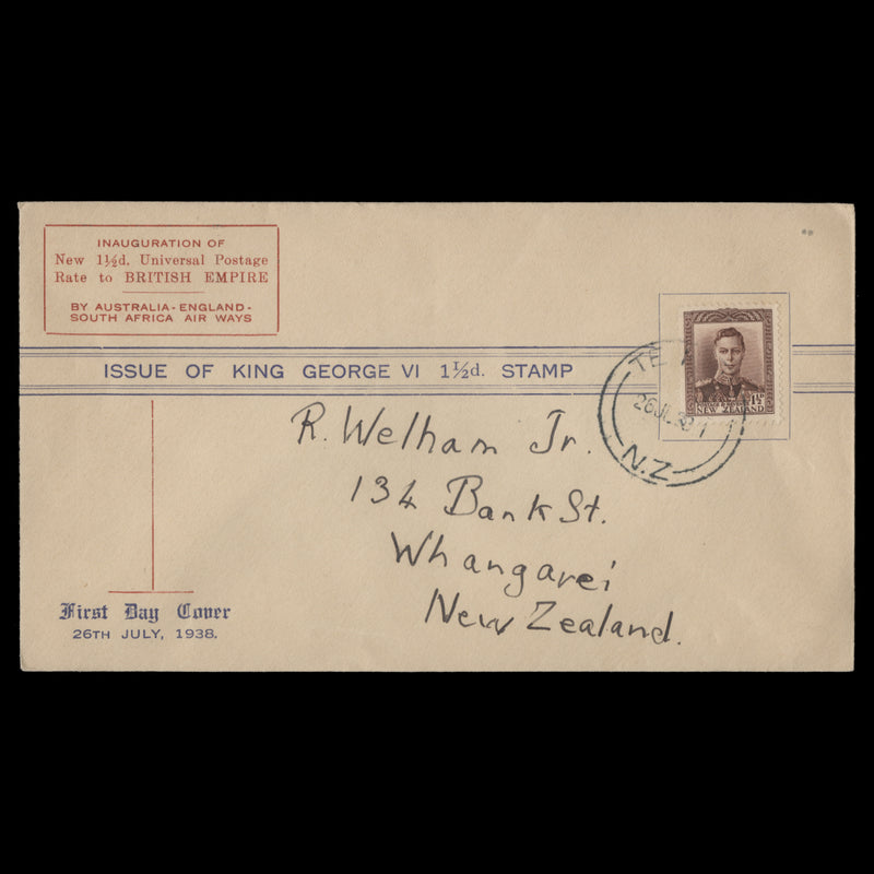 New Zealand 1938 (FDC) 1½d King George VI definitive