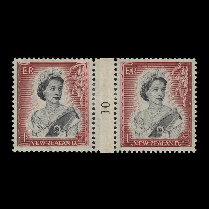 New Zealand 1954 (MLH) 1s Queen Elizabeth II coil join 10 pair
