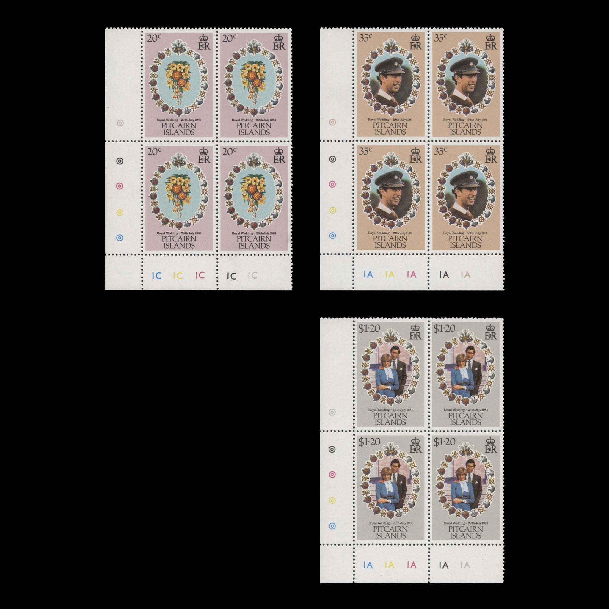 Pitcairn Islands 1981 (MNH) Royal Wedding traffic light/plate blocks