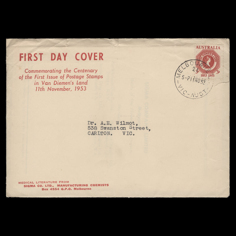 Australia 1953 Tasmanian Postage Stamp Centenary first day cover, MELBOURNE