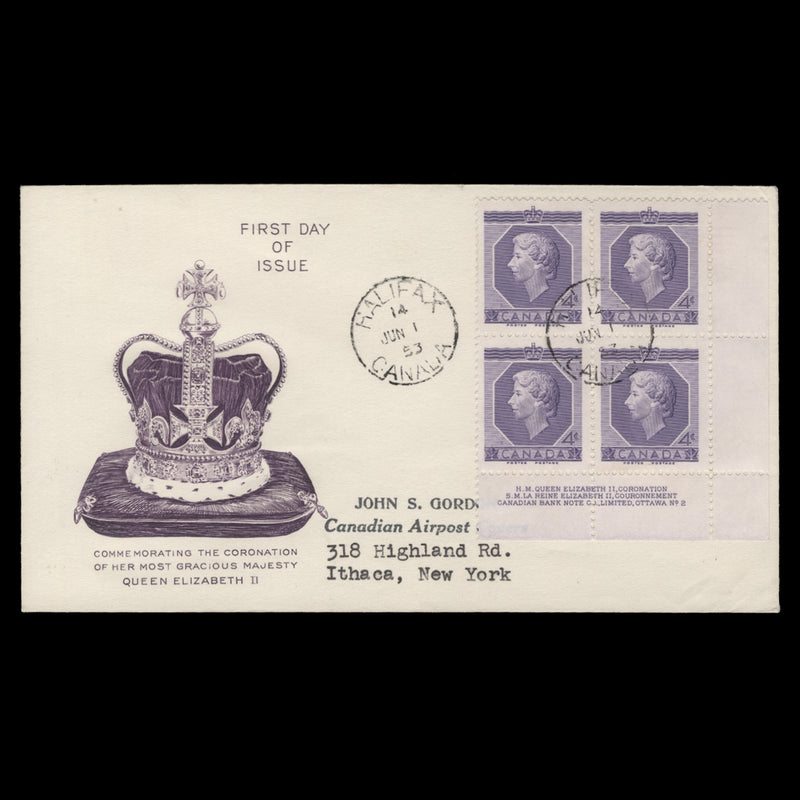Canada 1953 (FDC) 4c Coronation imprint/plate block, HALIFAX