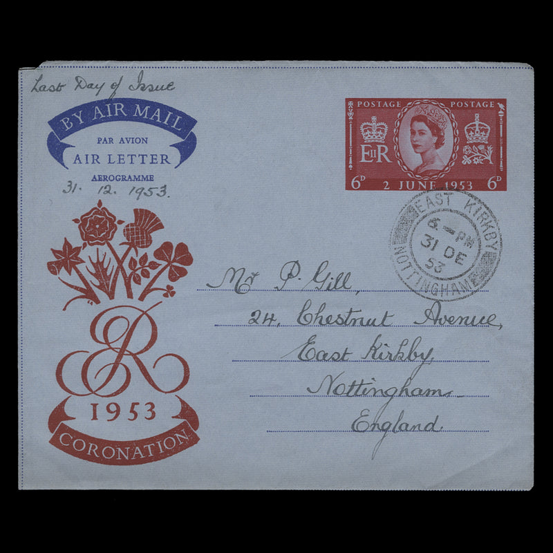 Great Britain 1953 (LDA) 6d Coronation air letter, EAST KIRKBY