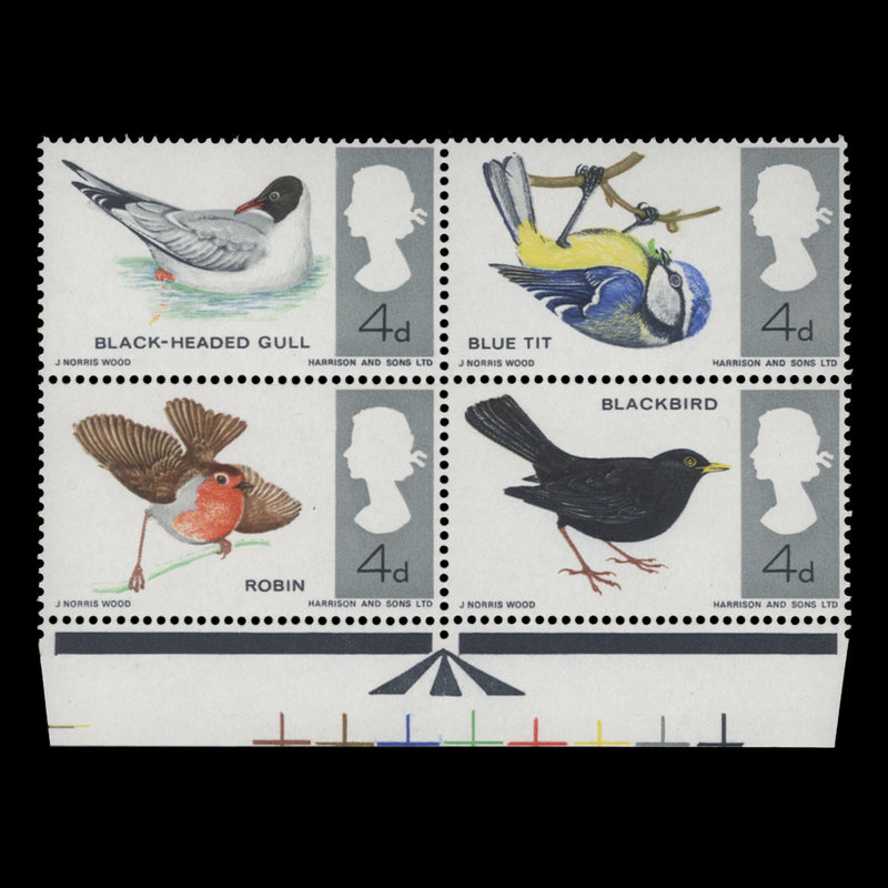 Great Britain 1966 (MNH) 4d British Birds phosphor arrow block
