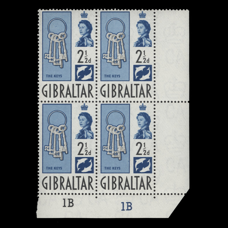 Gibraltar 1960 (MNH) 2½d The Keys plate 1B–1B block