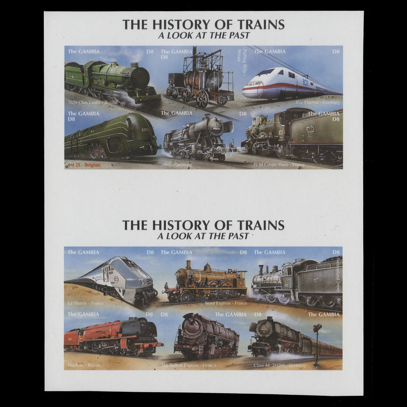 Gambia 2001 History of Trains imperf proof miniature sheets