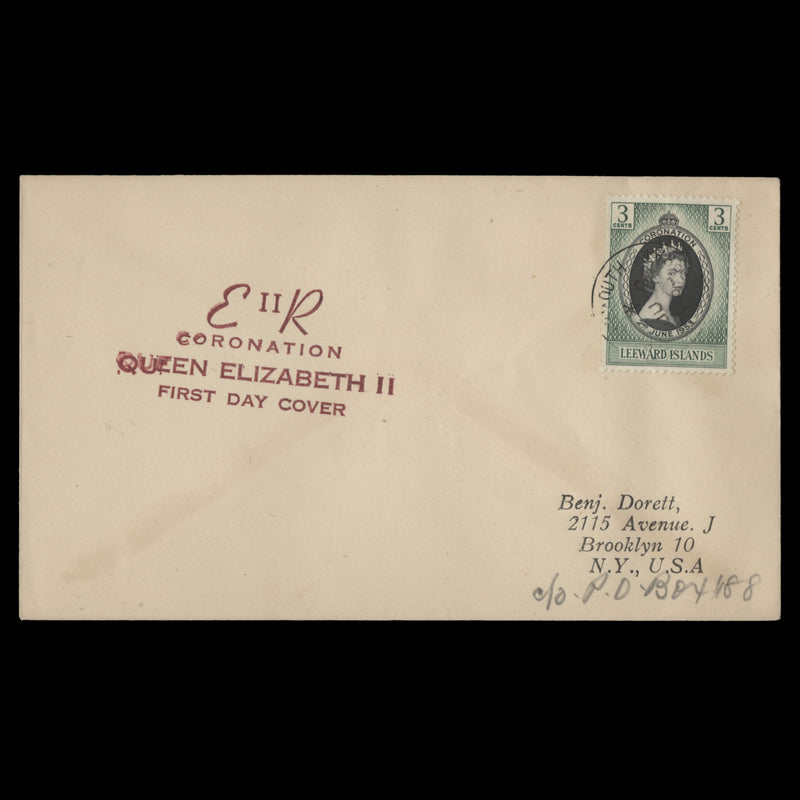 Leeward Islands 1953 (FDC) 3c Coronation, PLYMOUTH