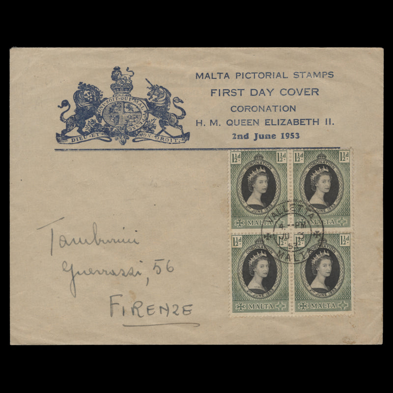 Malta 1953 (FDC) 1½d Coronation block, VALLETTA