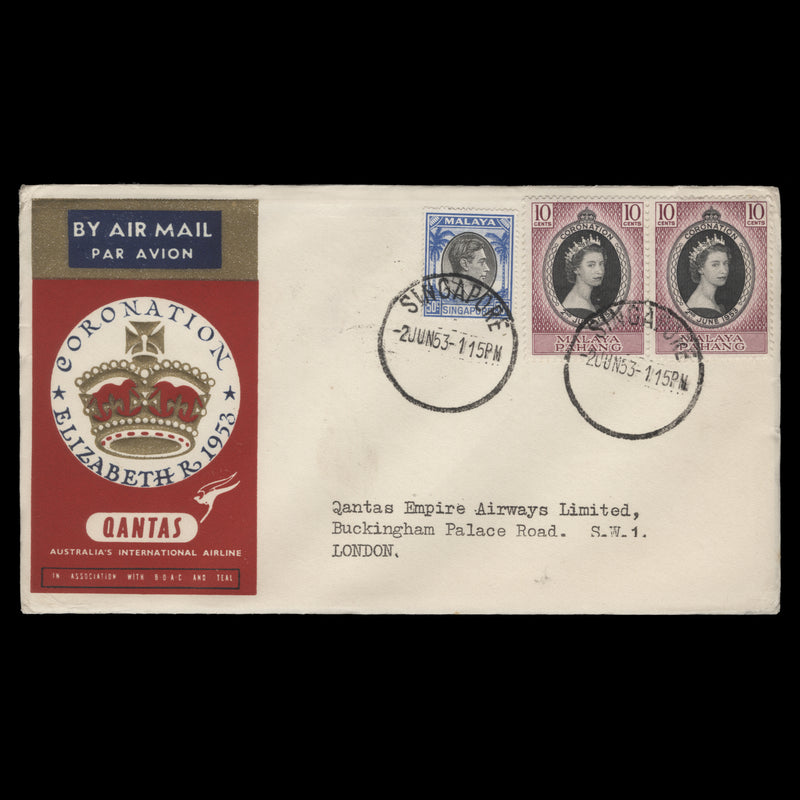 Pahang 1953 (FDC) 10c Coronation pair, SINGAPORE