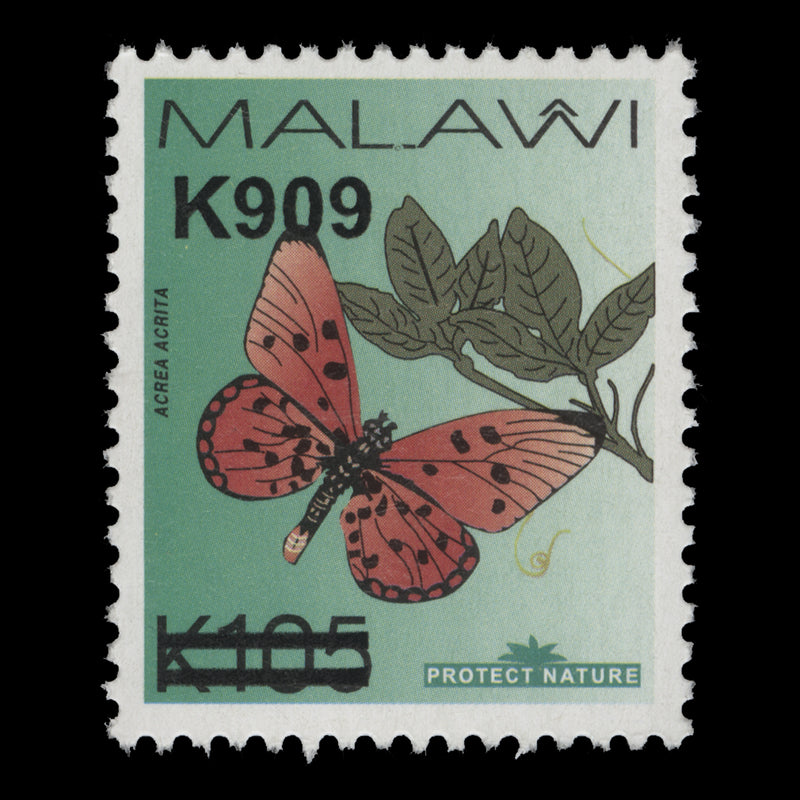 Malawi 2022 (Variety) K909/K105 Acraea Acrita with incorrect surcharge