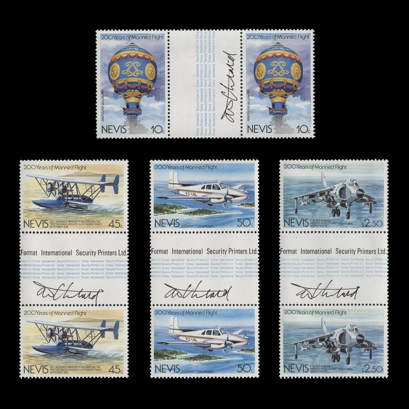 Nevis 1983 (MNH) Manned Flight Bicentenary gutter pairs signed by designer