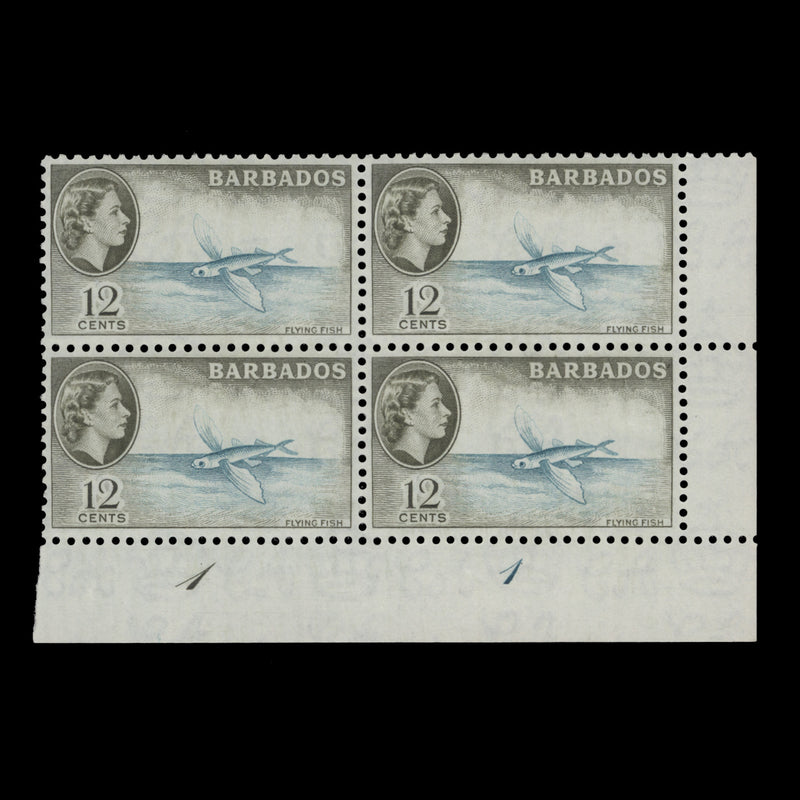 Barbados 1961 (MNH) 12c Flying Fish plate 1–1 block, shade