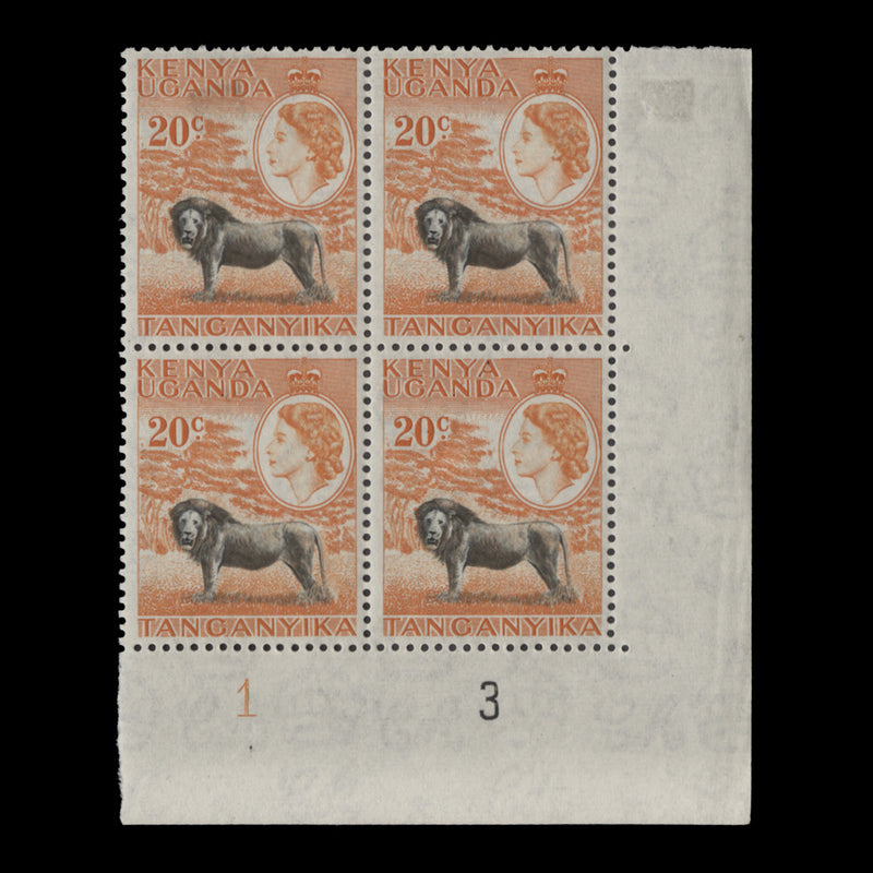 Kenya Uganda Tanganyika 1954 (MMH) 20c Lion plate 1–3 block