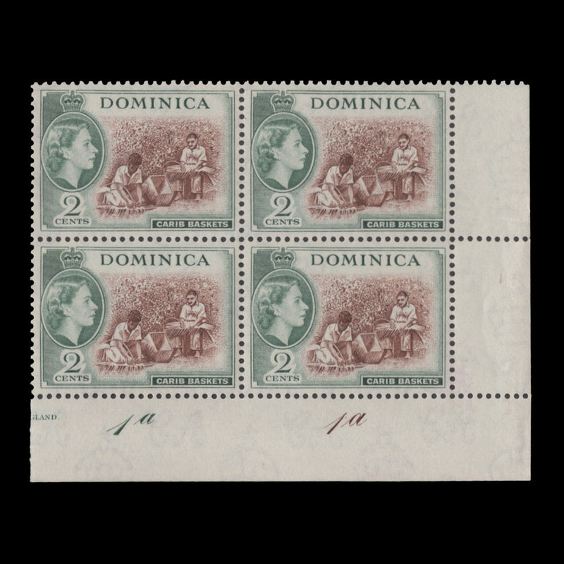 Dominica 1954 (MNH) 2c Carib Baskets plate 1a–1a block
