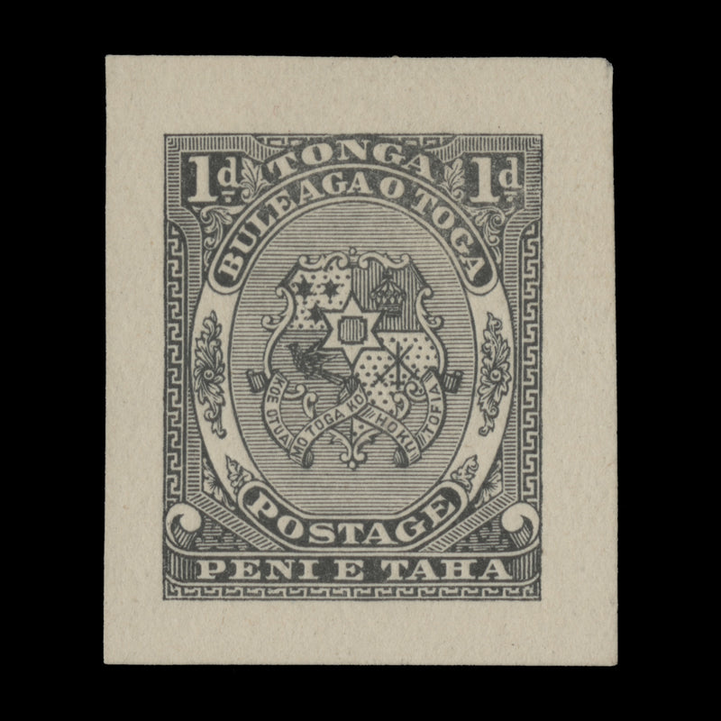 Tonga 1892 (Proof) 1d Arms of Tonga unadopted design in black