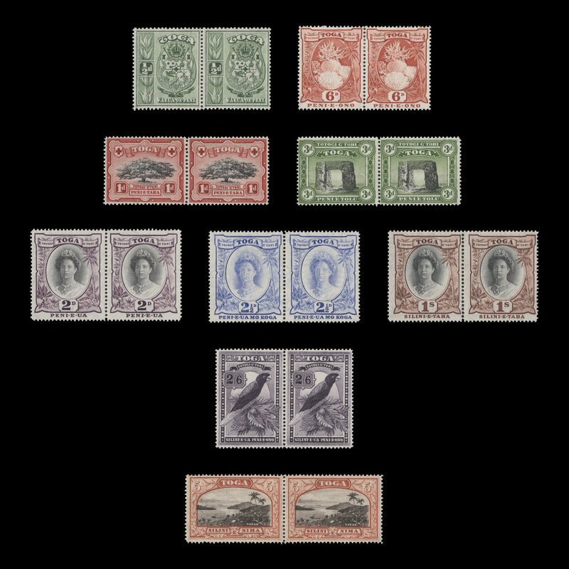 Tonga 1942 (MLH) Queen Salote Definitives pairs, script CA watermark
