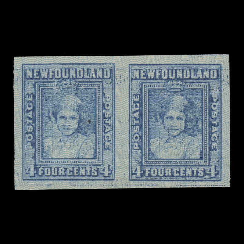 Newfoundland 1938 (Proof) 4c Princess Elizabeth imperf pair, blue moire paper