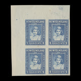 Newfoundland 1938 (Proof) 4c Princess Elizabeth imperf block, green moire paper