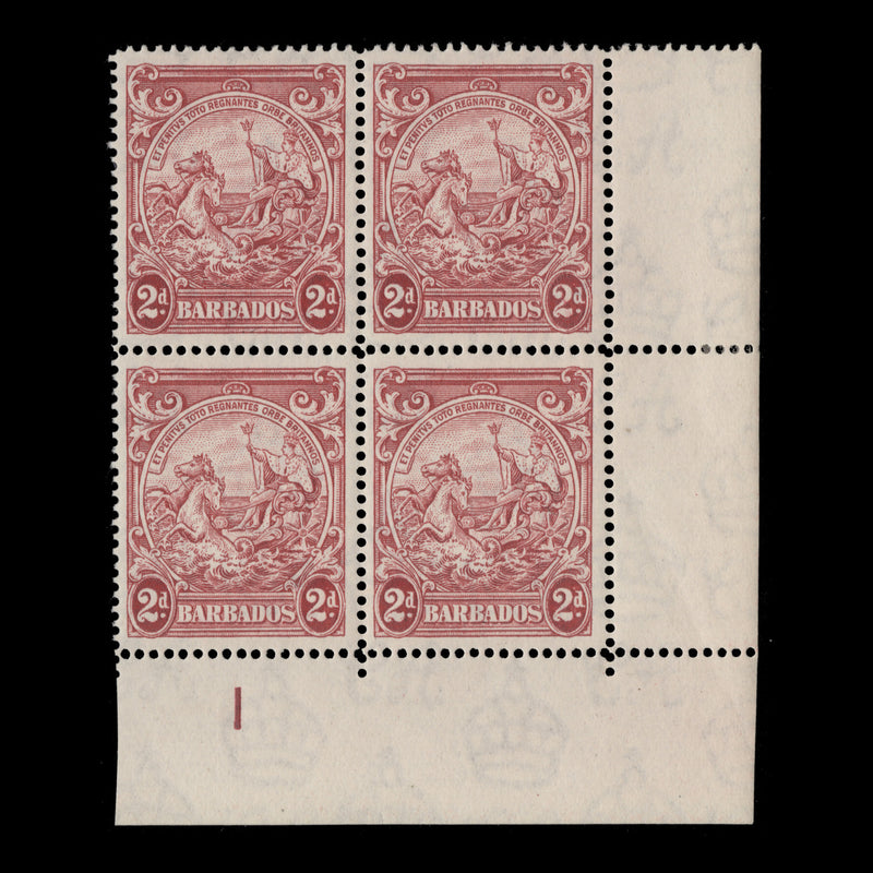 Barbados 1949 (MLH) 2d Carmine Rose plate block, perf 14 x 14