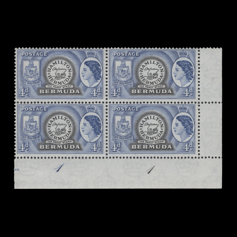 Bermuda 1953 (MLH) 4d Postmaster Perrot's Stamp plate 1–1 block