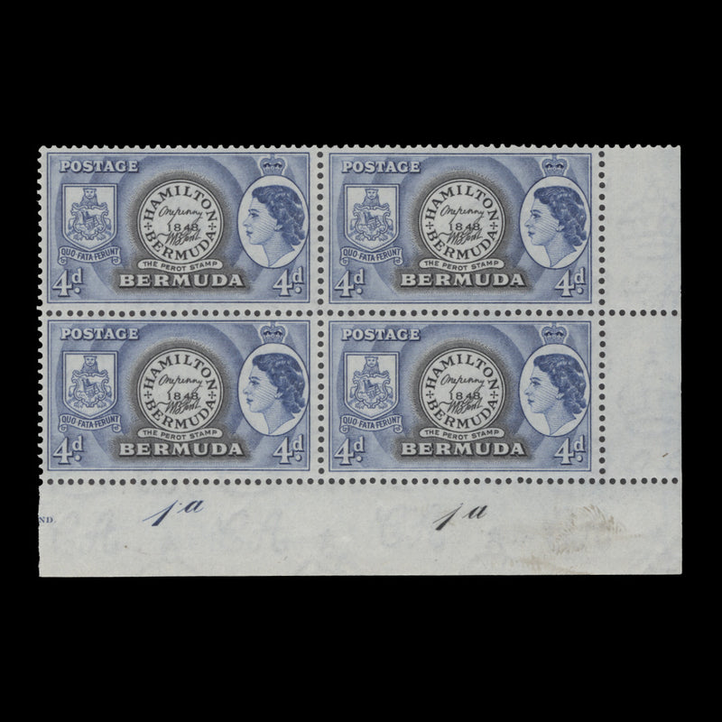 Bermuda 1953 (MNH) 4d Postmaster Perot's Stamp plate 1a–1a block