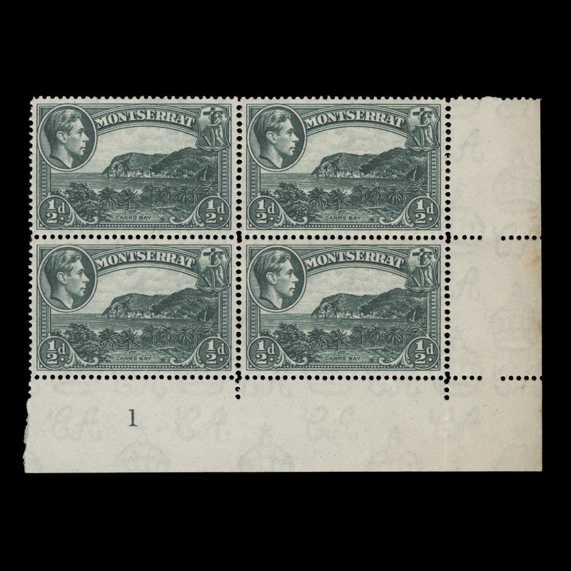 Montserrat 1942 (MNH) ½d Carr's Bay plate 1 block, perf 14 x 14