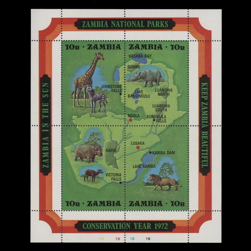 Zambia 1972 (MNH) National Parks miniature sheet, plate 1B–1B–1B–1B