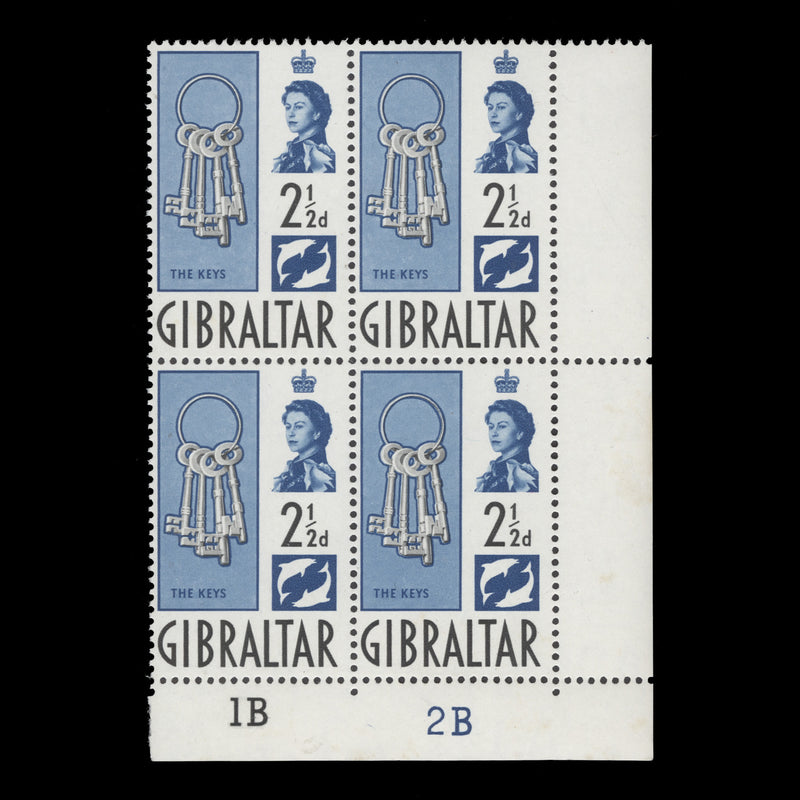 Gibraltar 1962 (MNH) 2½d The Keys plate 1B–2B block