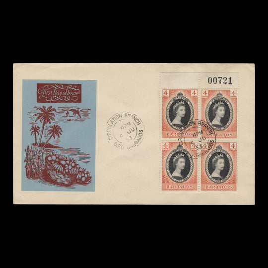 Barbados 1953 (FDC) 4c Coronation sheet number block, CIRCULATION BRANCH