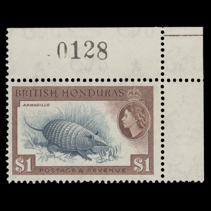 British Honduras 1953 (MNH) $1 Armadillo single with sheet number