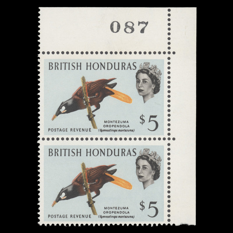 British Honduras 1962 (Variety) $5 Montezuma Oropendola red shift
