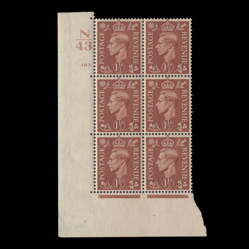 Great Britain 1942 (MNH) 1½d Pale Red-Brown control N43, cylinder 183 block, perf E/I