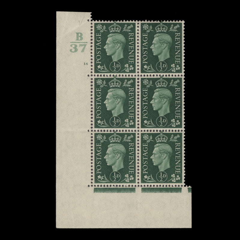 Great Britain 1937 (MNH) ½d Green control B37, cylinder 16 block, perf E/I