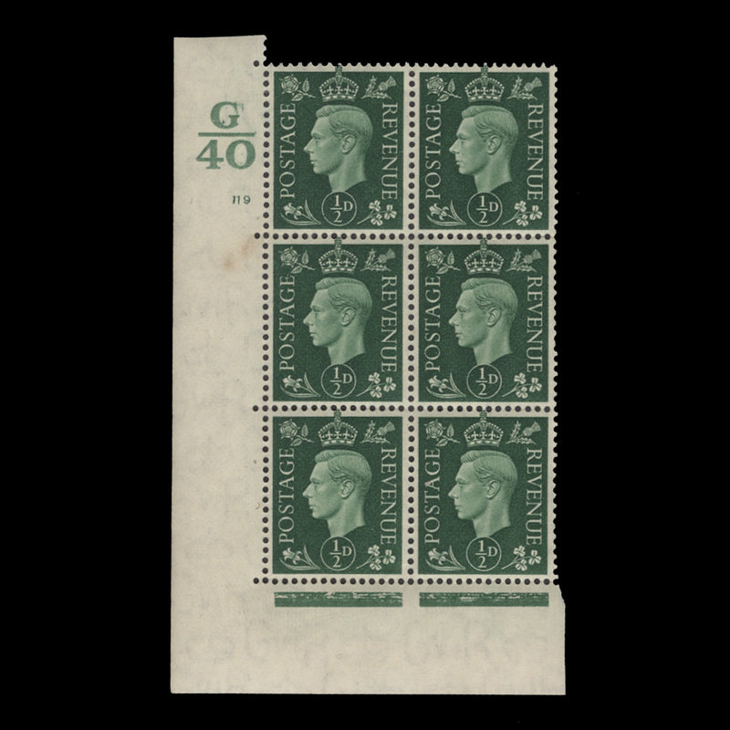 Great Britain 1937 (MNH) ½d Green control G40, cylinder 119 block, perf E/I