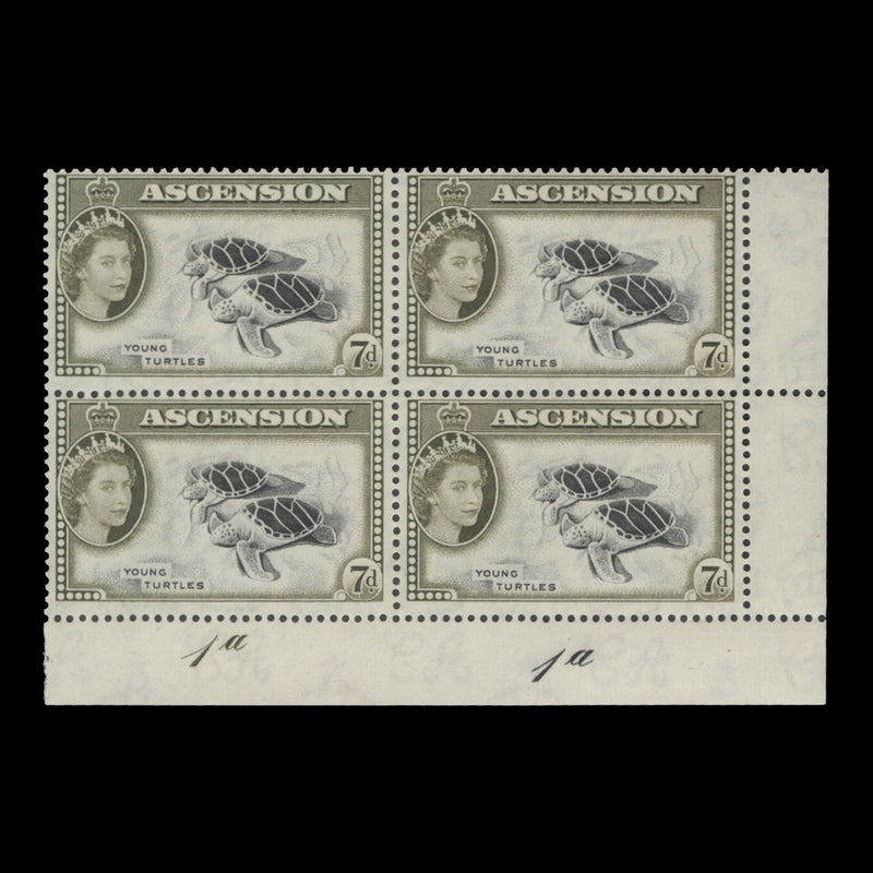 Ascension 1956 (MNH) 7d Young Turtles plate 1a–1a block