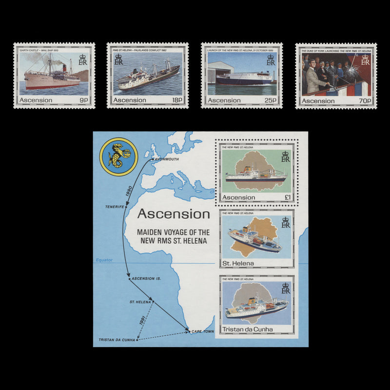 Ascension 1990 (MNH) Maiden Voyage of St Helena II set and miniature sheet